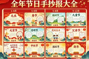手抄报电子报大全（1-12月节日类，元旦春节元宵节妇女节植树节清明节劳动节母亲节儿童节端午节父亲节党的生日教师节中秋节国庆节重阳节圣诞节新年手抄报）