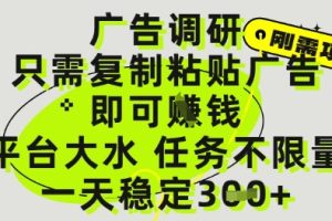 【第9463期】广告调研项目，只需复制粘贴广告即可挣钱，平台大水，任务不限量，一天3张【揭秘】