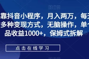 【第5777期】如何靠抖音小程序月入两万，每天两小时多种变现方式，无脑操作，单个作品收益1000+，保姆式拆解