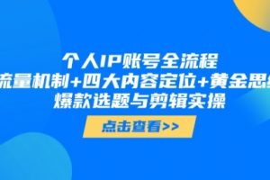 【第9431期】个人IP账号全流程：流量机制+四大内容定位+黄金思维, 爆款选题与剪辑实操